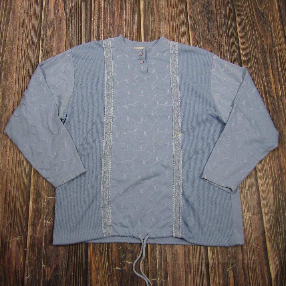 Gina Peters Womens Large Blue Tunic Top Blouse Henley Long Sleeve Granny 90s